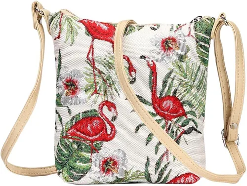 Vista 2 de Signare Tapiz pequeño bandolera para mujer con diseño de flamenco rosa y verde (Flang), Flamenco