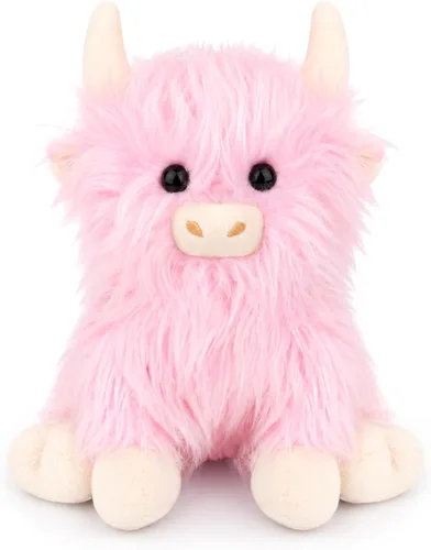 Vista 7 de Highland Cow - Animal de peluche esponjoso de 8 pulgadas con pelo elegante, juguete suave de peluche Kawaii abrazable de vaca para niños, niños