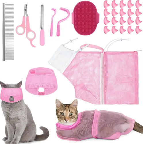 Vista 11 de Juego de 9 Piezas de Bolsa de Baño para Gatos, Bolsa de Ducha para Gatos Anti Mordeduras y Arañazos para Aseo de Mascotas, Cepillo de Lavado, Peine