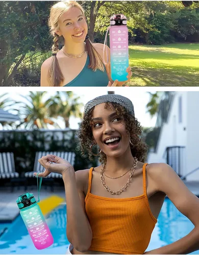 Vista 6 de Botella de agua de 33.8 fl oz, a prueba de fugas, libre de BPA y tóxicos, botella deportiva motivacional con tiempos para beber y pajita, fitness