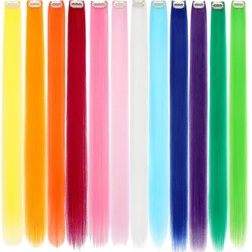 Vista 3 de Extensiones de cabello sintético con clip de 24 pulgadas, extensiones de cabello sintético lacio con reflejos arcoíris para mujeres y niñas, regalo