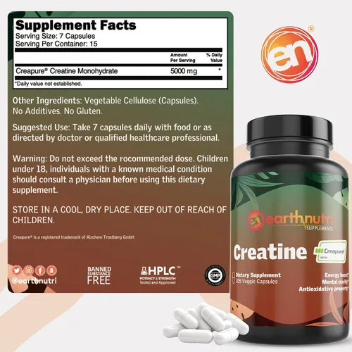 Vista 5 de EarthNutri Cápsulas de monohidrato de creatina, micronizadas para una mejor absorción, apoya la fuerza muscular, la fuerza y la recuperación, 105