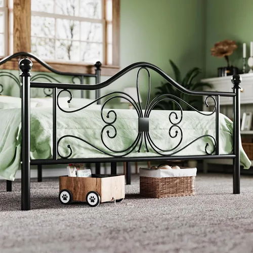 Vista 6 de Allewie Marco de cama de tamaño individual para niños, marco de cama de metal con cabecero y piecero de diseño de patrón de mariposa, no necesita