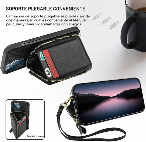 Vista 5 de Bocasal Funda tipo cartera cruzada para iPhone 12 Pro Max, con bloqueo RFID, de piel sintética, con cremallera, funda tipo cartera con función atril