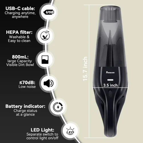 Vista 2 de pemacom Aspiradora de Mano Portátil Inalámbrica – Potencia de Succión de 10.000 Pa, Peso Ligero de 0,8 kg, Filtro HEPA Lavable, Luz LED, Silenciosa