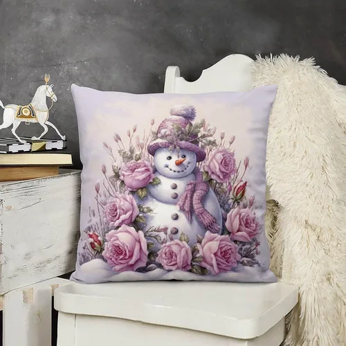 Vista 14 de Funda de cojín de muñeco de nieve con rosas rosadas, bufanda y sombrero, funda de almohada para cama, decoración moderna para sofá, dormitorio, sala