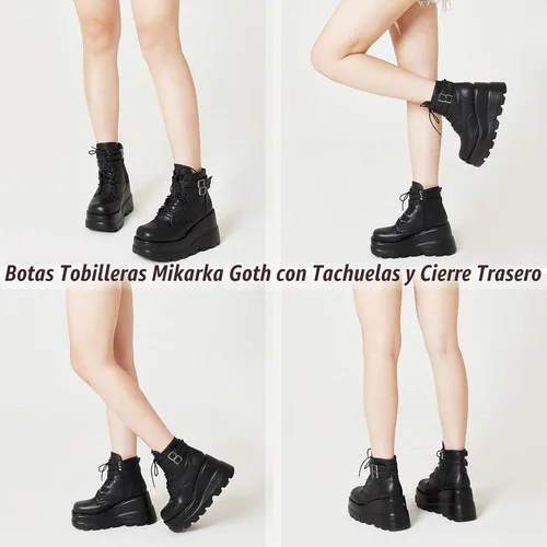 Vista 2 de mikarka Botas holográficas de plataforma para mujer, con cordones en el tobillo, con tachuelas y hebilla, góticas, de cuña apilada, botines de Cuña