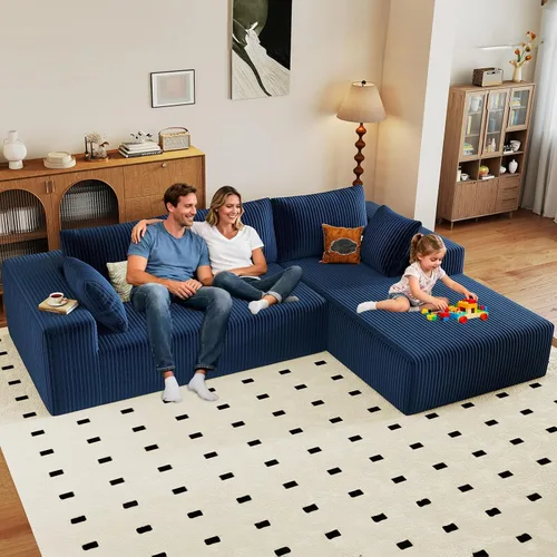 Vista 18 de Sofá modular de 96 pulgadas en forma de L, sofá modular de 3 asientos, sofá modular de pana de espuma viscoelástica sin hueso para sala de estar