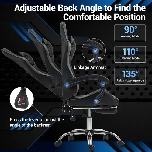 Vista 2 de Silla ergonómica para juegos con madera de masaje, silla de videojuegos gris con reposapiés para adultos y niños, reposacabezas ajustable y soporte