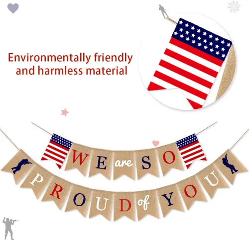 Vista 5 de Decoraciones para fiesta del Día de los Veteranos, bandera estadounidense con la frase "We Are so Proud of You", con soldados patrióticos, Día