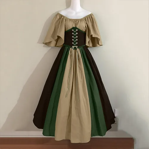 Vista 2 de Vestido gótico negro para mujer, vestido gótico para mujer, manga acampanada, hombros descubiertos, vestido de baile medieval, vestidos vintage