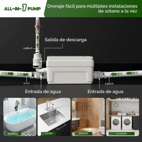 Vista 5 de Bomba de sumidero de ducha de 400 W, 20 pies/6m Upflush, 3 entradas, diseño
