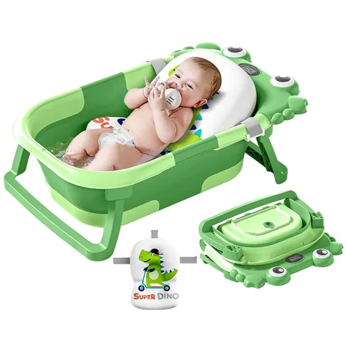 Vista 11 de Bañera plegable para bebés desde recién nacidos hasta niños pequeños con monitor de temperatura en tiempo real + cojín flotante, juego de bañera