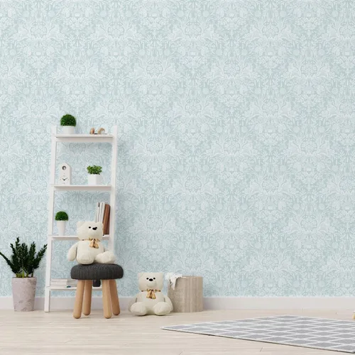 Vista 6 de World of Wallpaper Harlen Woodland Animal Flor y Planta Temática Pintado a Mano Estilo Damasco Papel pintado Dormitorio Guardería Pato Huevo Azul