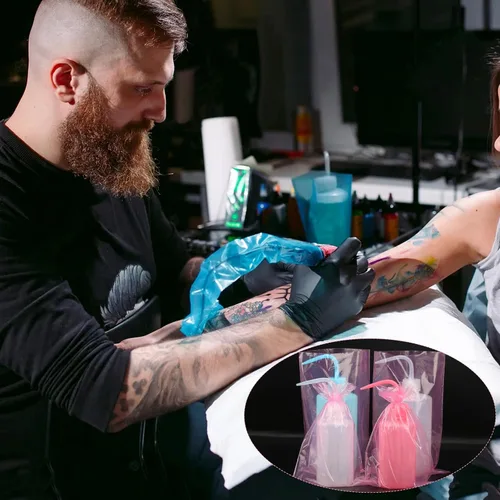 Vista 5 de 500 bolsas rosas para botellas de lavado de tatuajes, bolsas desechables para botellas de tatuaje, fundas para bolsas de botella para apretar