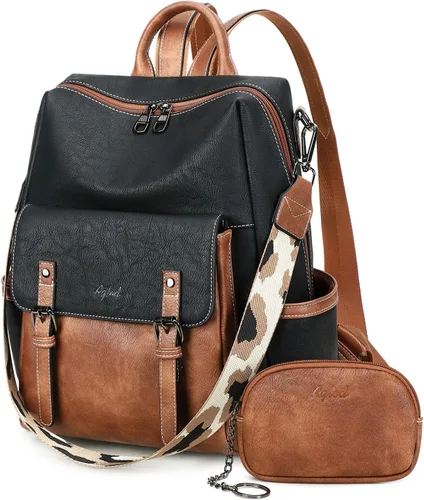 Vista 17 de AGLOD Mochila de cuero sintético para mujer, bolsos de viaje de moda para mujer, bolsos de viaje de trabajo de imitación, Beige- negro-marrón