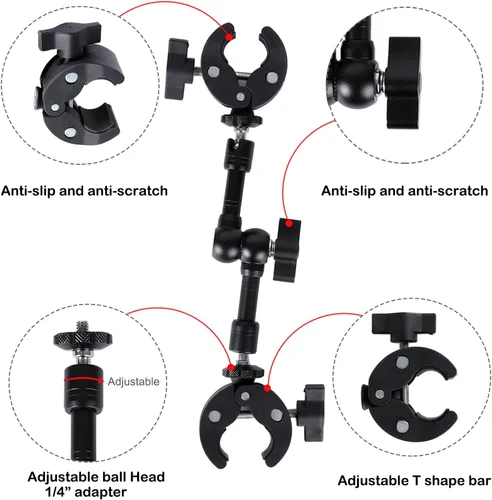 Vista 2 de PellKing Abrazadera de doble abrazadera para cámara, con brazo mágico de 360°, adaptador doble de 1/4 "-20 para paraguas, poste, escritorio
