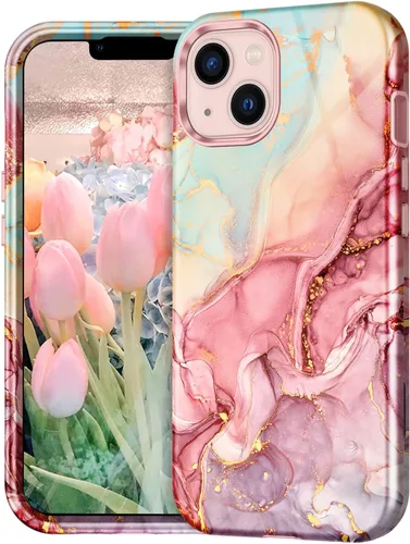 Vista 2 de CASEFIV Compatible con funda para iPhone 13, patrón de mármol 3 en 1, resistente a golpes y caídas, cuerpo completo, policarbonato duro y silicona