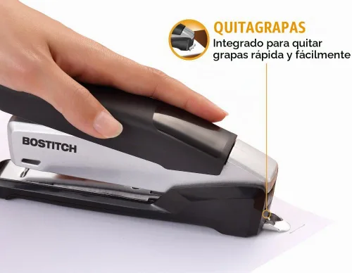 Vista 2 de Bostitch Office Executive Engrapadora de Escritorio de Metal, Engrapadora 3 en 1 Accionada por Resorte, Un Dedo, Compartimento de Almacenamiento