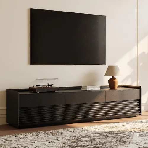Vista 14 de POVISON Soporte de TV moderno de mediados de siglo totalmente ensamblado con luces LED ajustables, consola multimedia de madera, centro