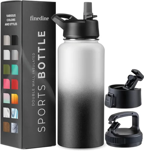 Vista 19 de FineDine Botellas de agua aisladas de triple pared con popote, botella de metal de acero inoxidable de 25 onzas con 3 tapas a prueba de fugas