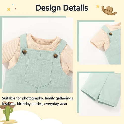 Vista 5 de MBMSHEGH Conjunto de ropa de verano para bebé y niño, con parte superior acanalada y tirantes con botones