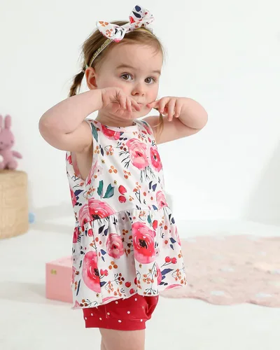 Vista 3 de Mioglrie Conjunto de ropa para bebé recién nacida, conjunto de pantalones cortos, lindos trajes de verano para bebés, ropa de bebé de algodón