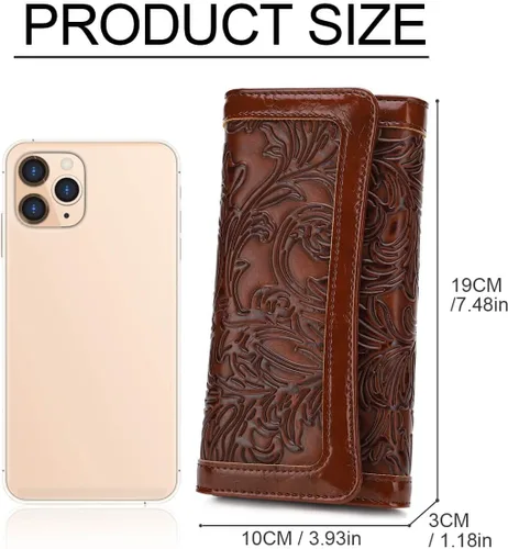 Vista 10 de MEITRUE Cartera de cuero para mujer, con bloqueo RFID, triple pliegue, con relieve, soporte para tarjetas, organizador de chequera para teléfono
