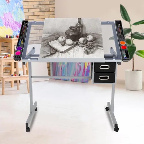 Vista 8 de LEMY Mesa de dibujo ajustable inclinable, escritorio de dibujo para artistas con cajones de almacenamiento y ruedas deslizantes, estación