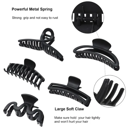 Vista 3 de 5 pinzas de pelo grandes para cabello grueso, pinzas de pelo grandes de plátano para mujeres, antideslizantes, de sujeción fuerte (negro mate)