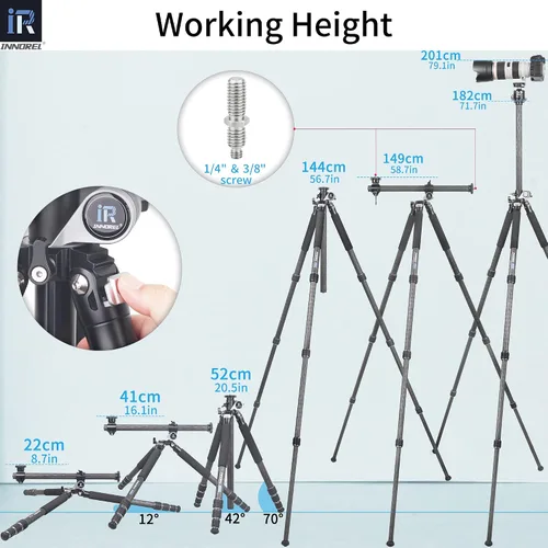Vista 6 de INNOREL Trípode horizontal de fibra de carbono de 10 capas HT284C con columna central giratoria de 360 grados para DSLR, video, videocámara, cámara