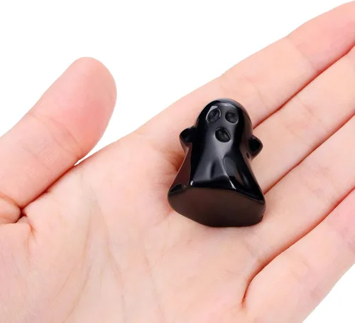 Vista 4 de Jovivi Figura decorativa de fantasma de cristal de obsidiana negra de 1.2 pulgadas tallada a mano, piedra curativa Reiki, escultura de estatua