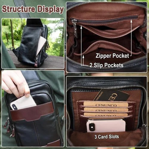 Vista 5 de Bolso bandolera de cuero genuino para hombres y mujeres, bolso cruzado para el hombro, mochila lateral, bolso de pecho, bolso cruzado casual