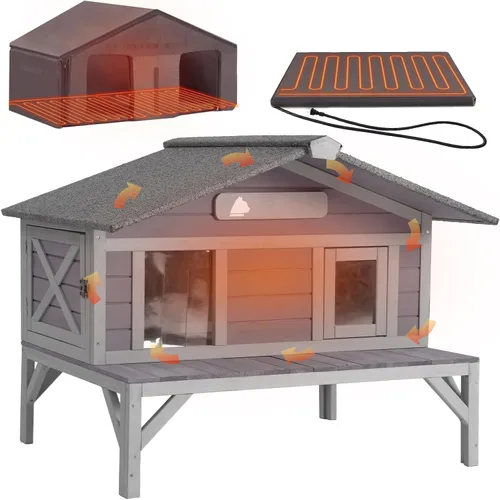 Vista 12 de GUTINNEEN Casa Grande para Gatos al Aire Libre Resistente a la Intemperie con Puertas de Escape, Madera Maciza Aislada Más Gruesa, Porche Grande
