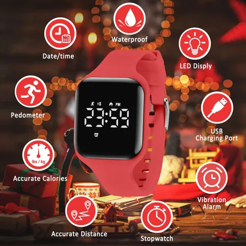 Vista 2 de Reloj deportivo digital para niños y niñas con contador de pasos, alarma vibratoria y despertador. Rastreador de actividad a prueba de agua, sin