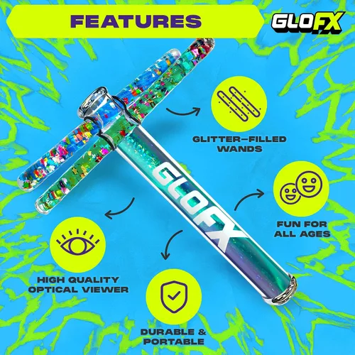 Vista 2 de GloFX Aurora Borealis Liquid X - Juguete de tubo caleidoscopio - Varitas de purpurina dobles (azul y verde azulado) - Incluye tubo, varitas