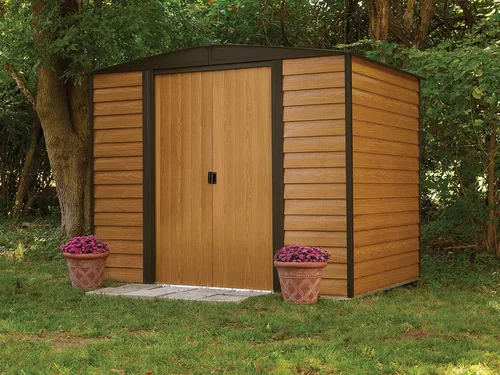 Vista 12 de Arrow Woodridge - Caseta de almacenamiento de acero con hastial bajo, café/madera