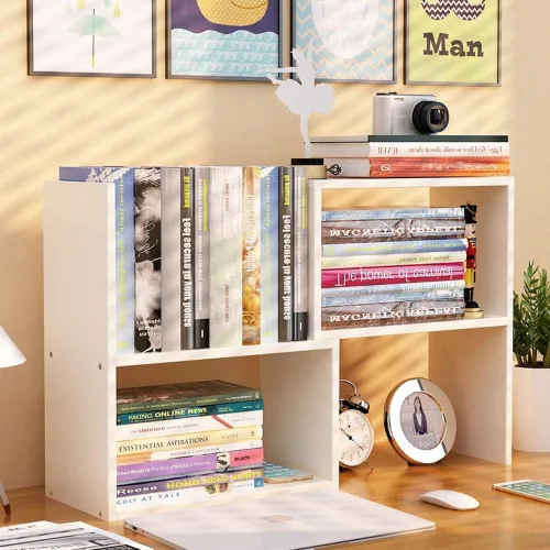 Vista 3 de Estantería de escritorio expandible y estante organizador de escritorio, organizador de almacenamiento de mesa de madera con estantes, estante