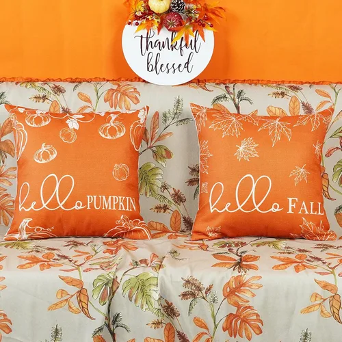 Vista 2 de ONWAY - Juego de 2 fundas de almohada de otoño de 16 x 16 pulgadas, color naranja calabaza con texto "Hello Fall" Hello Fall Hello Pumpkin Maple