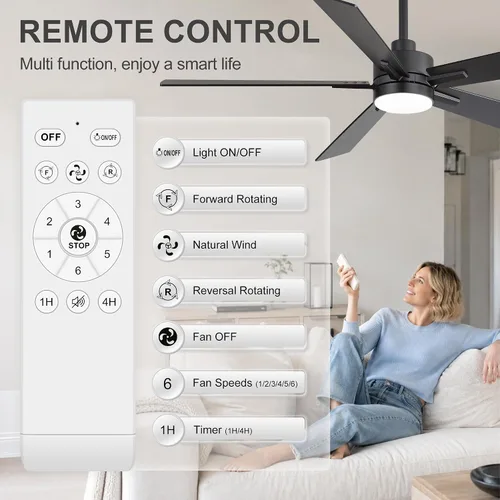 Vista 7 de 52 Inch Ceiling Fan with Light and Remote, Modern Black Ceiling Fans for Bedroom Living Room, 6-Speed Reversible DC Motor, 3CCT LED Lighting