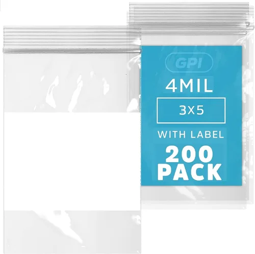 Vista 9 de GPI - 2" x 3" - Paquete a granel de 100, bolsas de plástico transparente con cierre de cremallera de 4 mil de grosor, resistentes, con bloque blanco