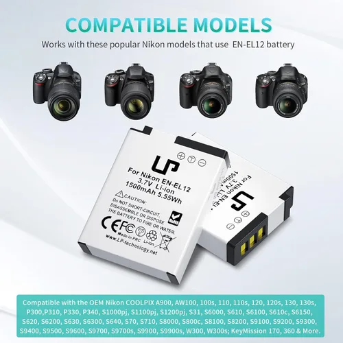 Vista 2 de LP Batería EN-EL12, paquete de 2 baterías de 1500 mAh compatibles con Nikon Coolpix A1000, B600, Coolpix AW130, A900, W300, S1200pj, S9900, S9500