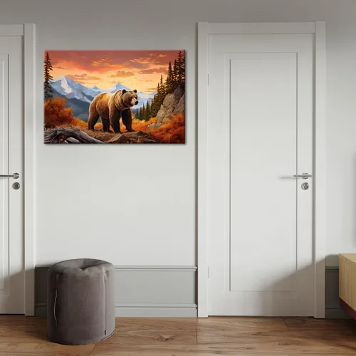 Vista 4 de GLOKAKA Arte abstracto de pared con diseño de oso marrón en la montaña Giclée, póster con imagen de bosque y montaña rocosa, obra de arte