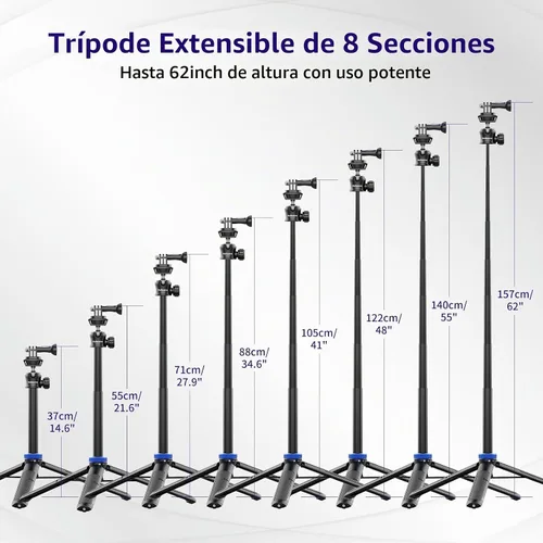 Vista 5 de Kaitezenz Trípode selfie stick para cámara GoPro, soporte de trípode extensible de 62 pulgadas con cabeza de bola de 360° tornillo de 1/4 pulgadas
