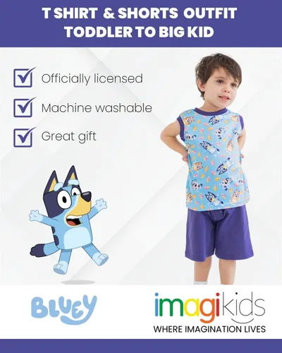 Vista 3 de Bluey Bingo Dad Mom - Camiseta sin mangas y pantalones cortos de rizo francés, conjunto de 3 piezas para niño pequeño a niño grande