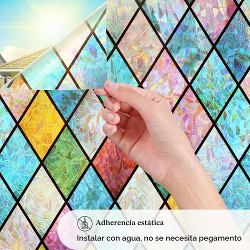 Vista 2 de WPCTEV Película de privacidad para ventana de arco iris, rombo 17.5 3D-cuadrado