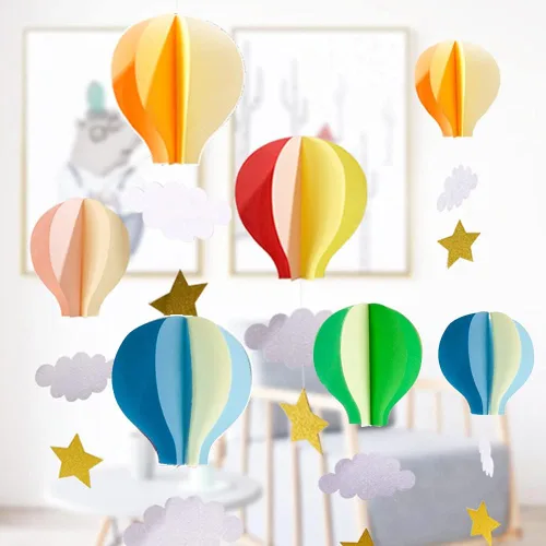 Vista 2 de Colorido globo aerostático colgante de papel decorativo (paquete de 4) - Globo grande de aire caliente con nubes estrellas colgantes guirnalda