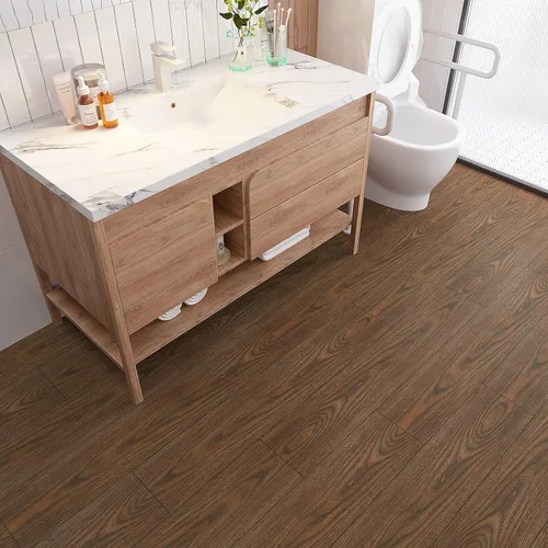 Vista 2 de VEELIKE Azulejos de piso de 6 x 36 pulgadas para despegar y pegar para baño, impermeables, de madera de castaño marrón, paquete de 12 tablones