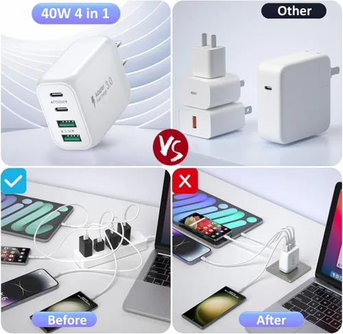 Vista 4 de Bloque de cargador USB C de 40 W, paquete de 2 cargadores de pared USB C de 4 puertos, cubo de carga rápida de teléfono tipo C con cable USBC a USBC