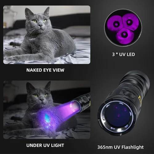 Vista 3 de DARKBEAM Linterna UV de 365 nm de luz negra, 3 linternas LED ultravioleta de 20 W, potentes lámparas de madera, luz UV recargable USB-C